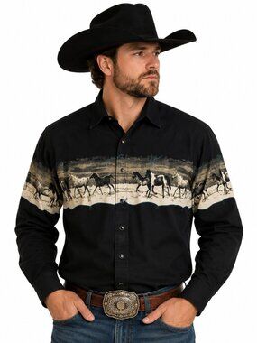 Corral West Ranchwear Western Horse Print Snap Shirt XXL Tall Black Cowboy Shirt